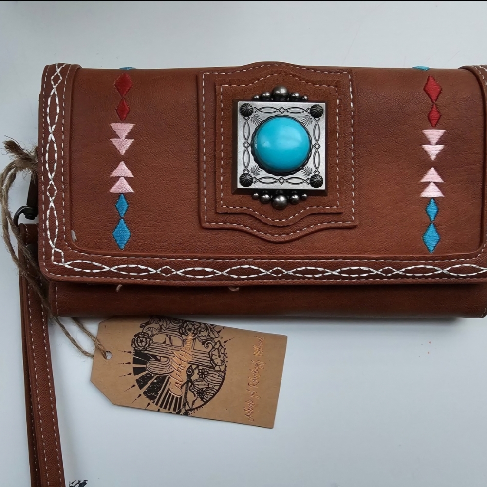 Brown Leather Wallet with Turquoise and Pink Accents